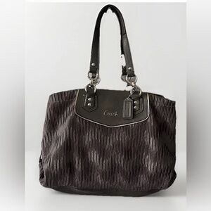 Coach 20050 Ashley Gathered charcoal Satin Satchel w/ leather & 2 bag charms